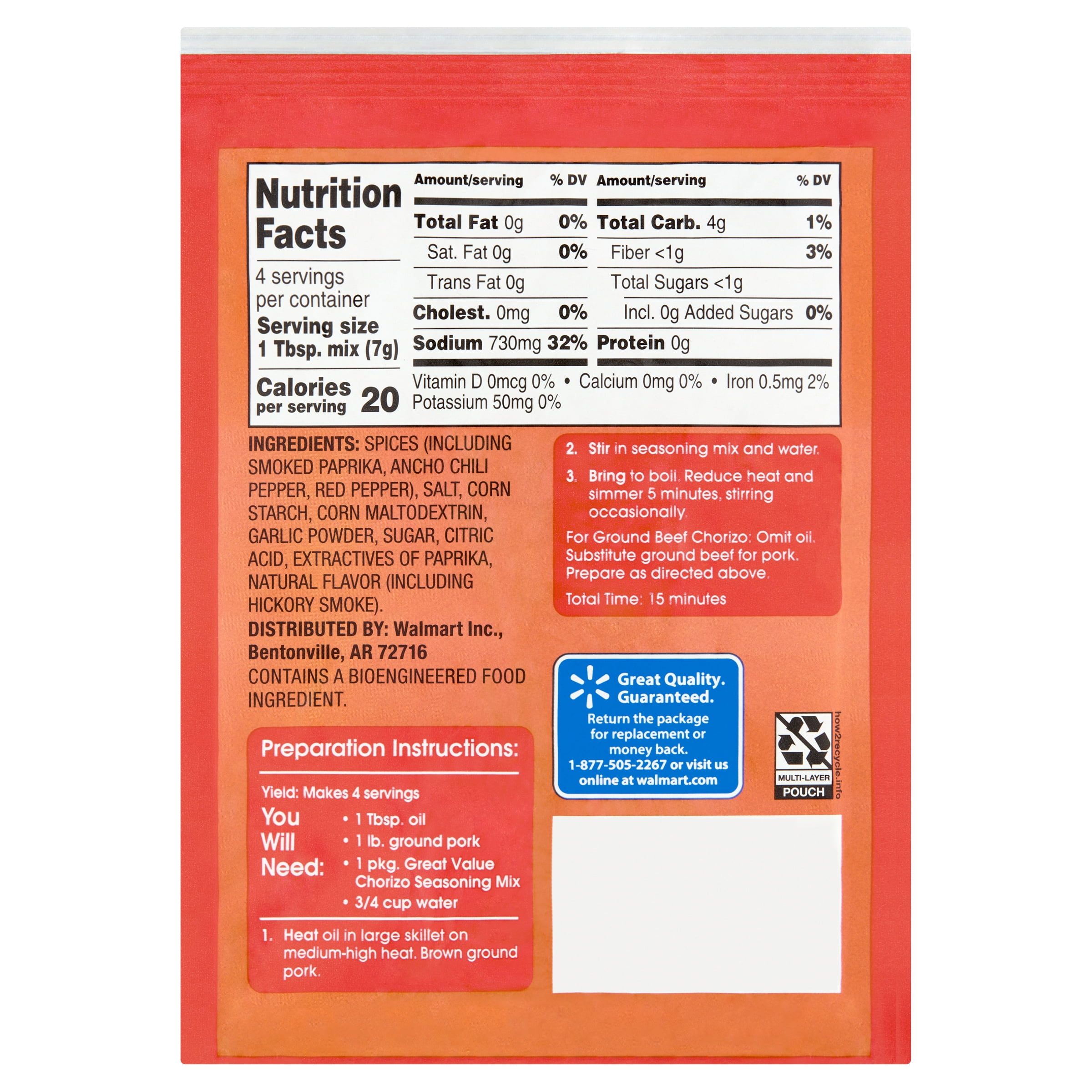 GREAT VALUE SEASONING MIX CHORIZO 1 OZ