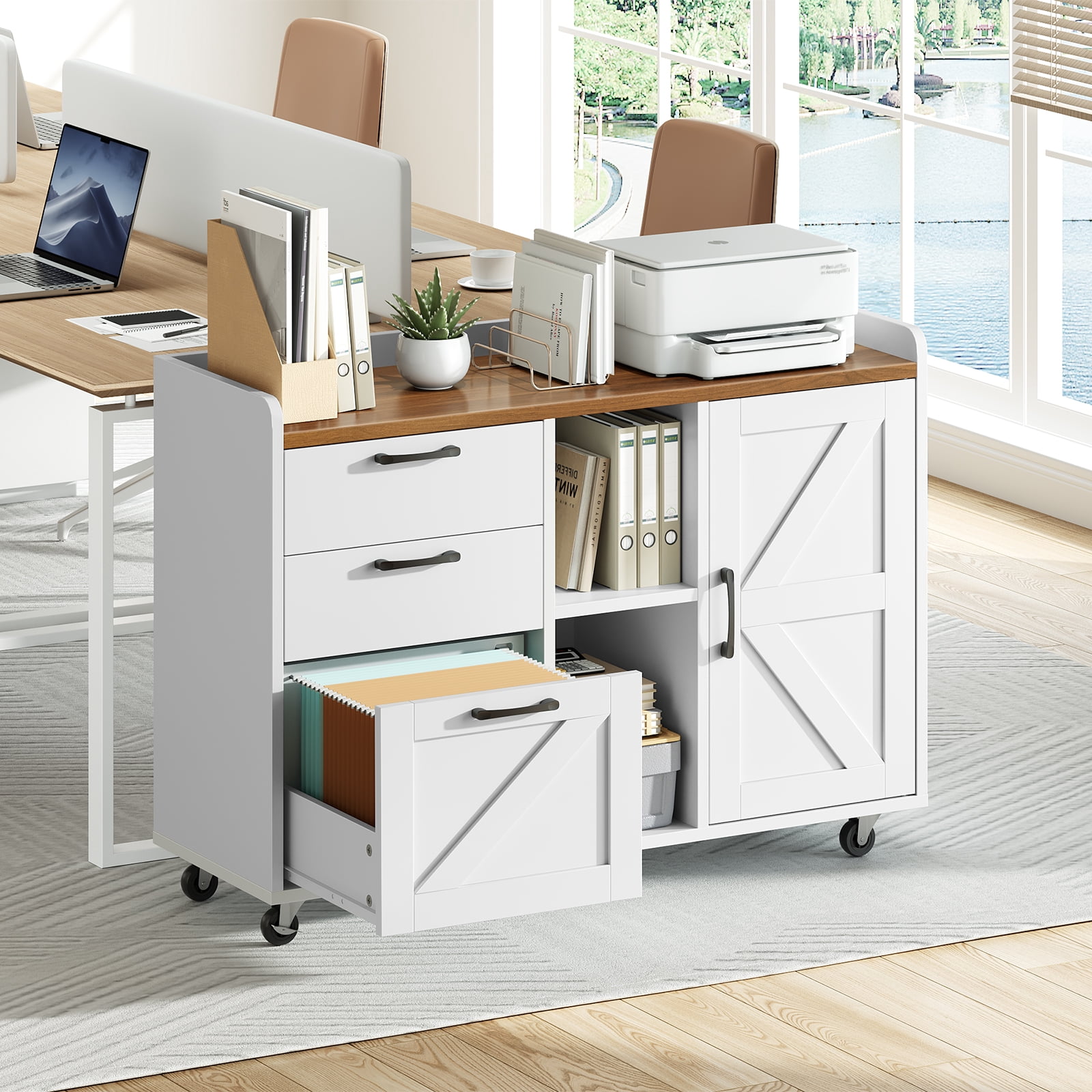 HOOBRO Farmhouse Lateral File Cabinet with 3 Drawers, Door & Charging Station, White