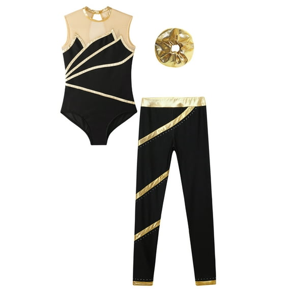 Sholeno Kids Girls Gymnastics Dancce Outfits Metallic Striped Leotard Bodysuit Unitard with Pants Gold 12