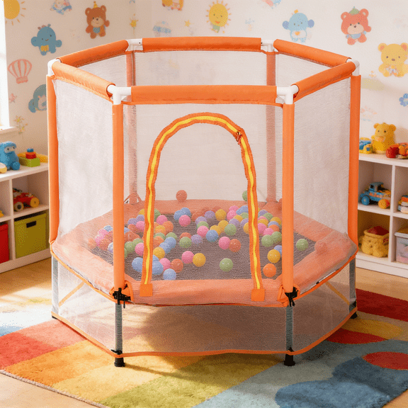 Mini Trampoline for Kids, 55'' Toddler Small Trampoline with Enclosure Net, Indoor Outdoor Toy for Boys Girls, with Ocean Balls, 6 Steel Supports, Orange