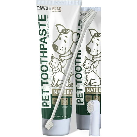 Paws & Pals Pet Dog Enzymatic Toothpaste Dental Care Kit with Dual Toothbrush for Oral Hygiene - Fights Plaque Freshens Breath - Cleans and Restores - Pack of 2 - 14 oz-Beef