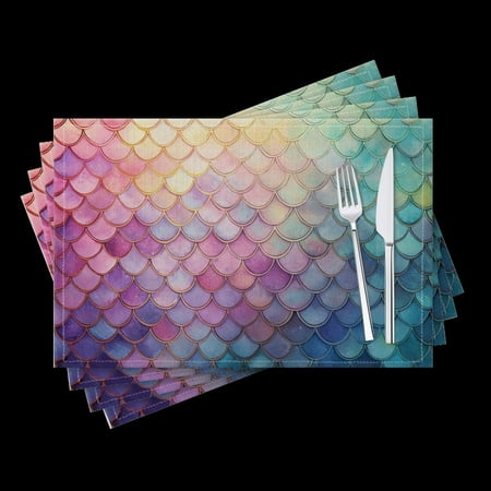 

BaHomeck placemats Set of 4 Beautiful Mermaid Scales Pattern With Pastel Rainbow Colors Cotton Linen rectangle Placemats for Kitchen Dining Table Indoor Outdoor 18*12inch