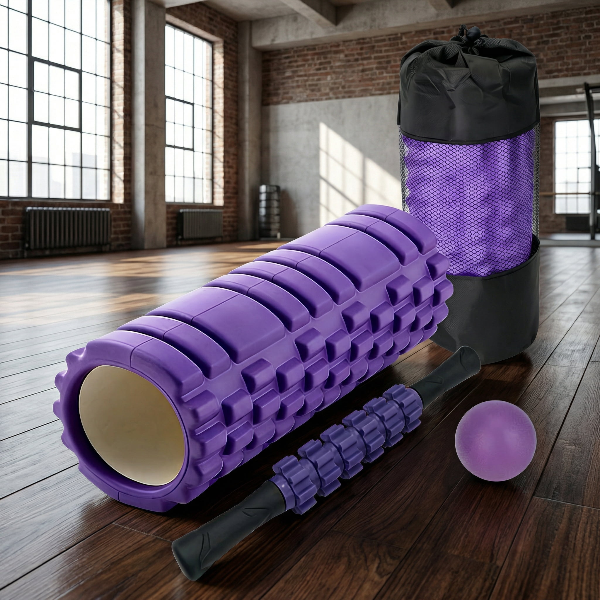 4-in-1 Purple Foam Roller Set,Foam Roller,Massage Stick,Massage Ball & Carry Bag, Deep Tissue Massage Tool for Muscle Recovery,Back Pain Relief,Yoga,Pilates,Home Gym & Physical Therapy