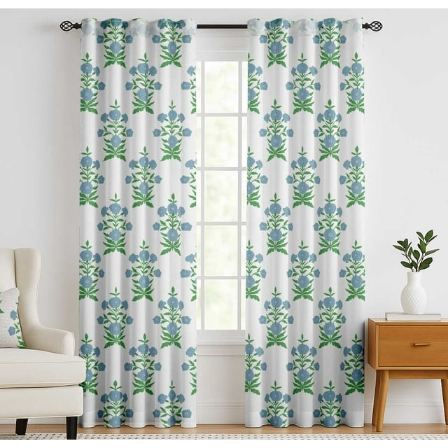 Vargottam Cotton Rod Pocket/Back Tab Curtains - 96" Floor-Length Drapes for Long Doors or Large Windows - Light Filtering, 3-in-1 Header - Set of 2, 52"x96" - Floral Block Pattern (Green)