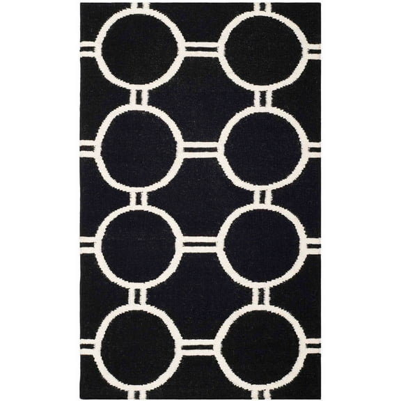 SAFAVIEH Dhurrie Sloane Geometric Circles Wool Area Rug, Black/Ivory, 2'6" x 4'