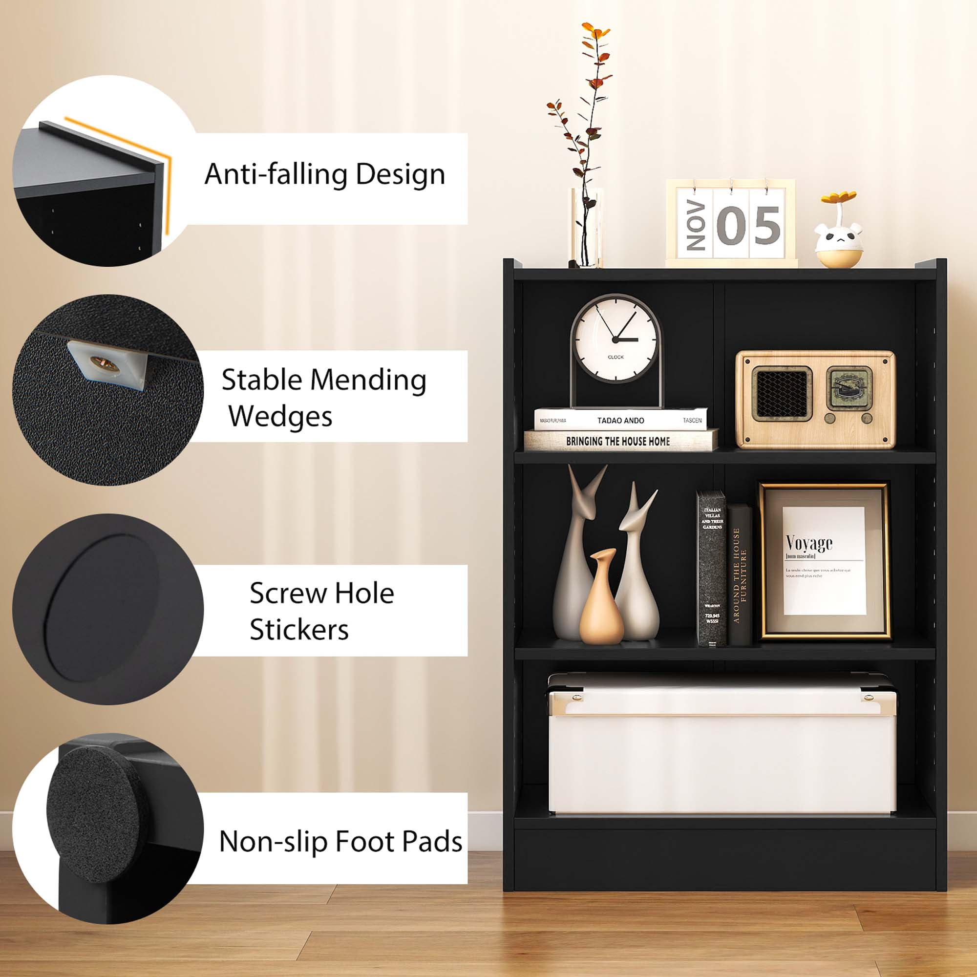 Costway 3-Tier Bookcase Open Multipurpose Display Rack Cabinet with Adjustable Shelves Black