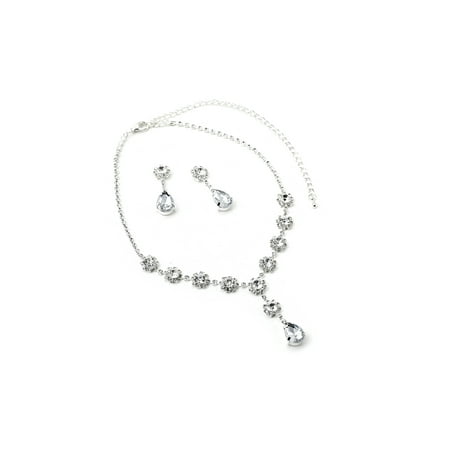 - Silver Crystal Rhinestone Bridal Wedding Party Teardrop Shaped Dangle Earrings & Flower Shaped Tie Y Type Necklace Jewelry Set