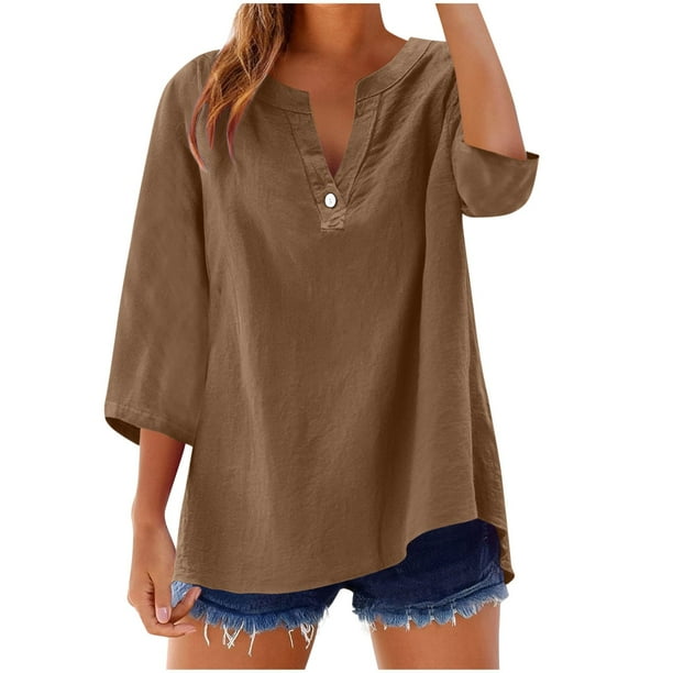 Vestidos Casuales Para Mujer, Blusas De Mujer De Moda Blusa informal de moda para mujer, con cuello en V, manga 3/4 y botones decorativos