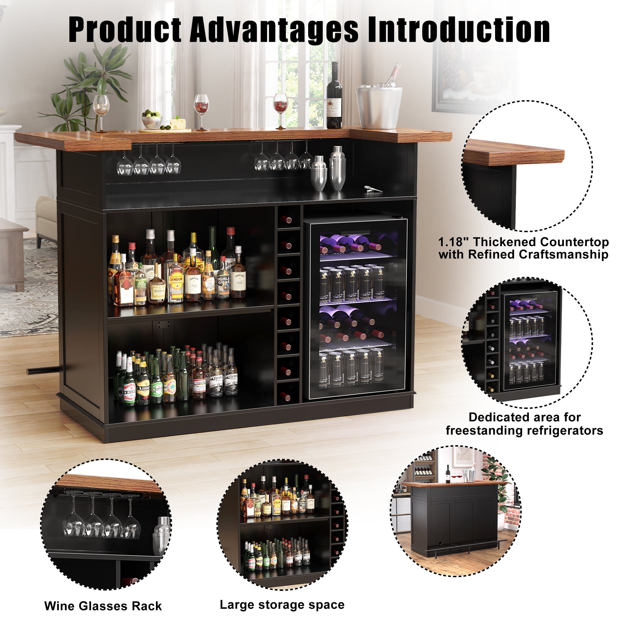 Home Bar Unit with Fridge Space, U-Shape Liquor Wine Cabinet, 63" Mini Bar Table