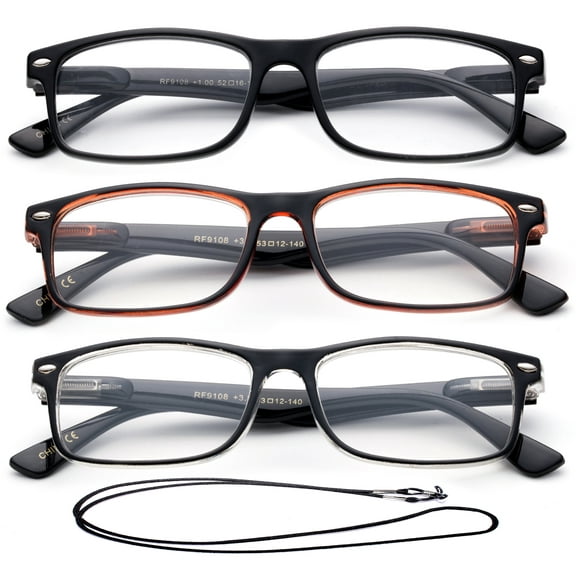 3 Pack Light Compact Squared Fashion Reading Glasses Translucent Spring Hinges with Lanyard 1.00