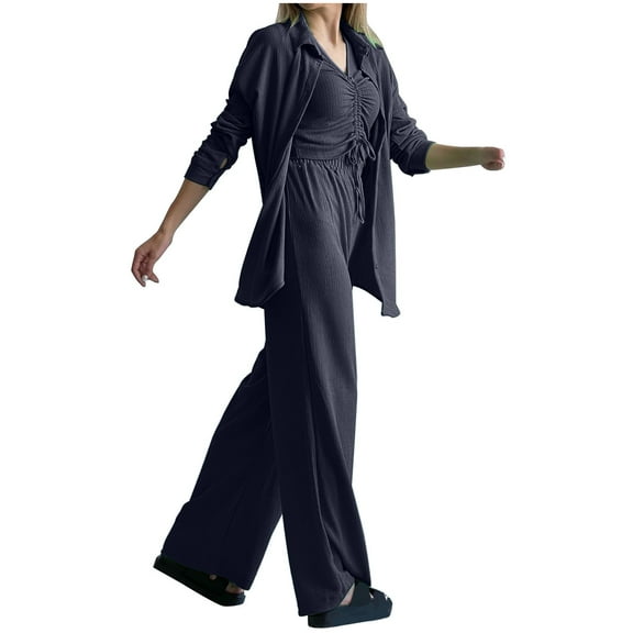 QUYUON Women 3 Piece Outfits, Casual Long Sleeve Button-Down Blouse Shirts, V-Neck Sleeveless Lace up Ruched Crop Tops and Elastic Waist Pants Sets Loungewear Black L