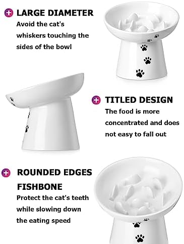 Slow Feeder Cat Bowl, Ceramic Cat Slow Feeder Bowl, 6 Inches, Elevated, Anti Vomiting for Dry and Wet Food, White
