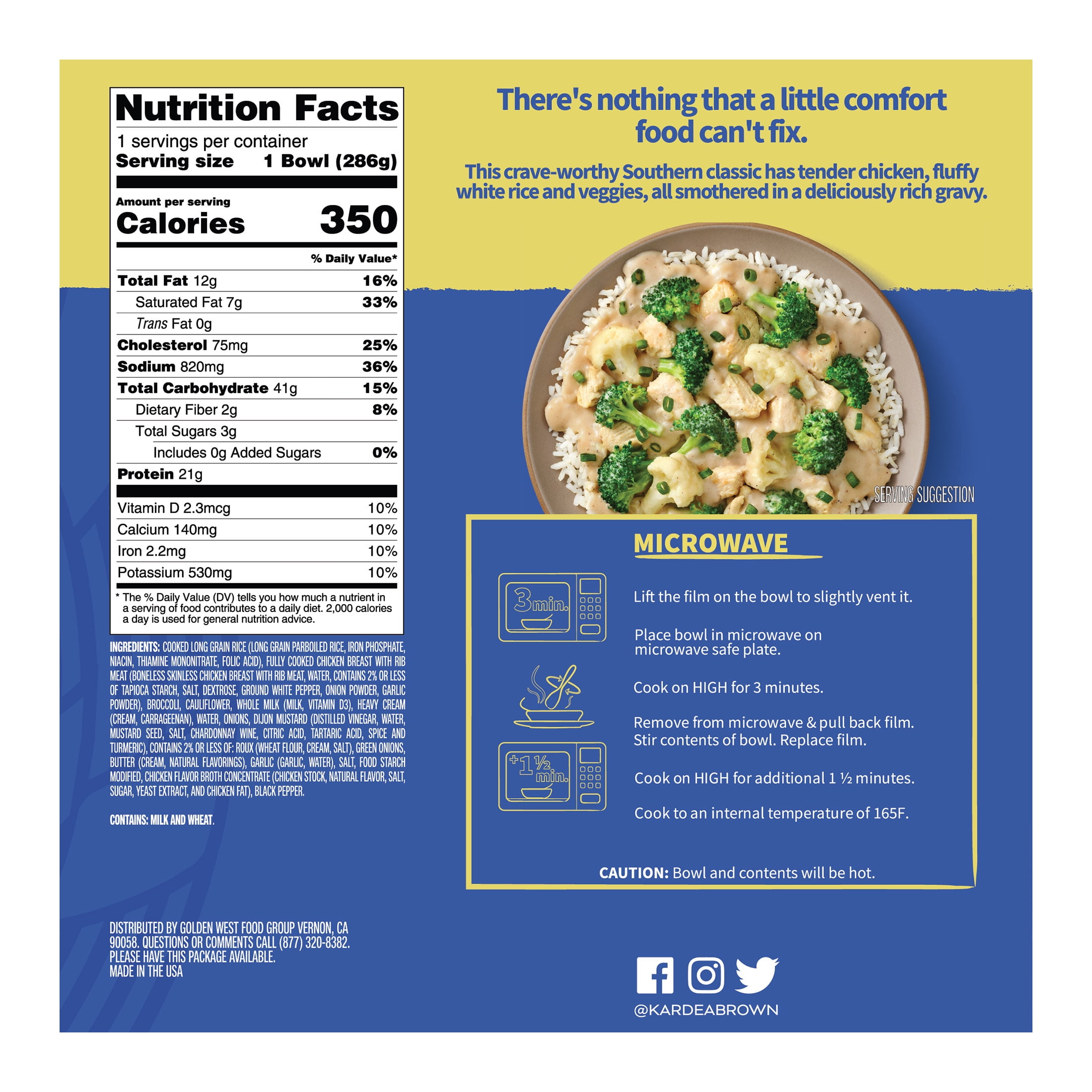 Delicious Eats by Kardea Brown Smothered Chicken and Rice with Vegetables and Rich Gravy, 10.1 oz (Frozen)