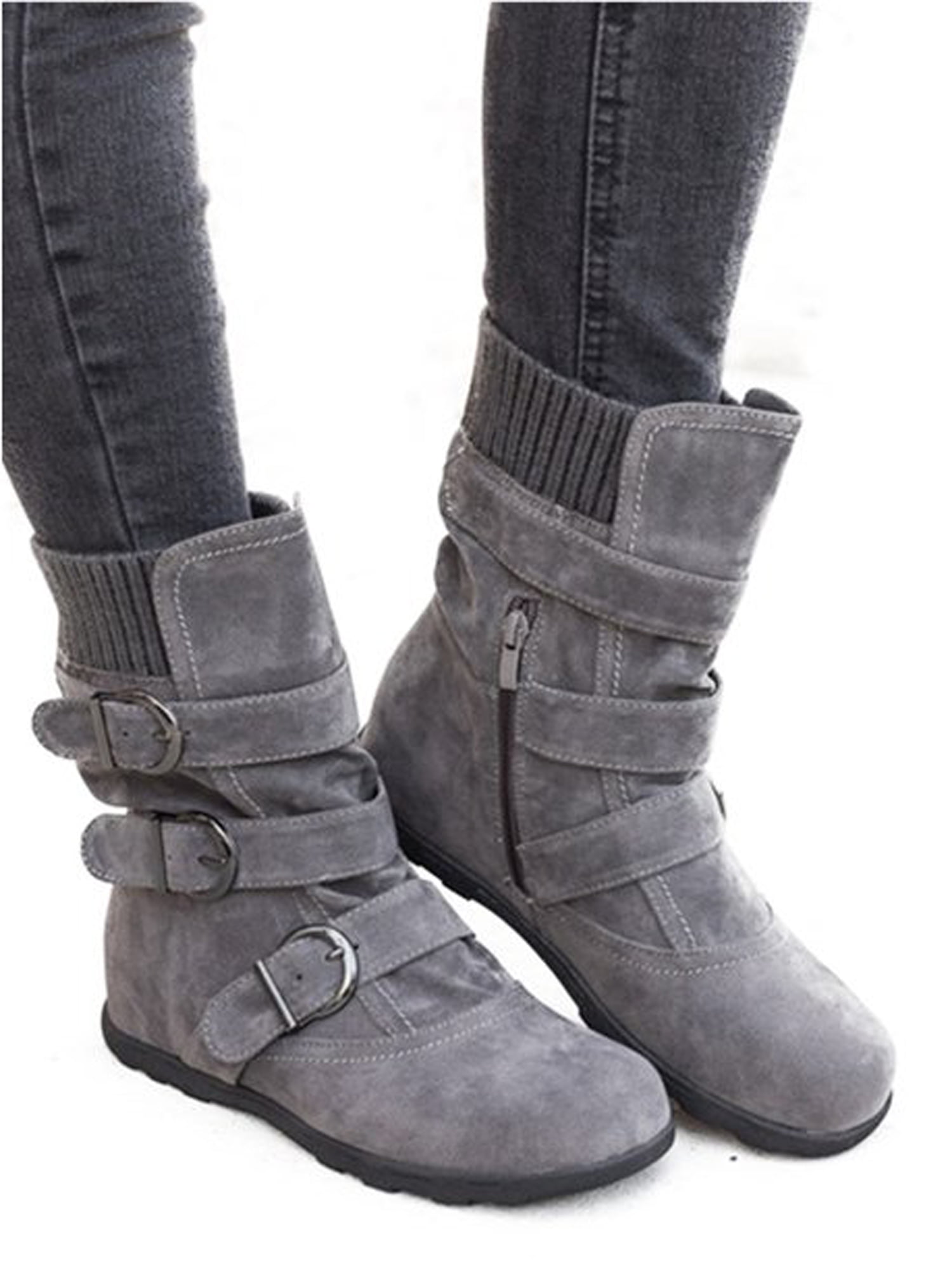 Women Ladies Mid-Calf Ankle Boots Low Block Heel Flat Winter Buckle Shoes BS 