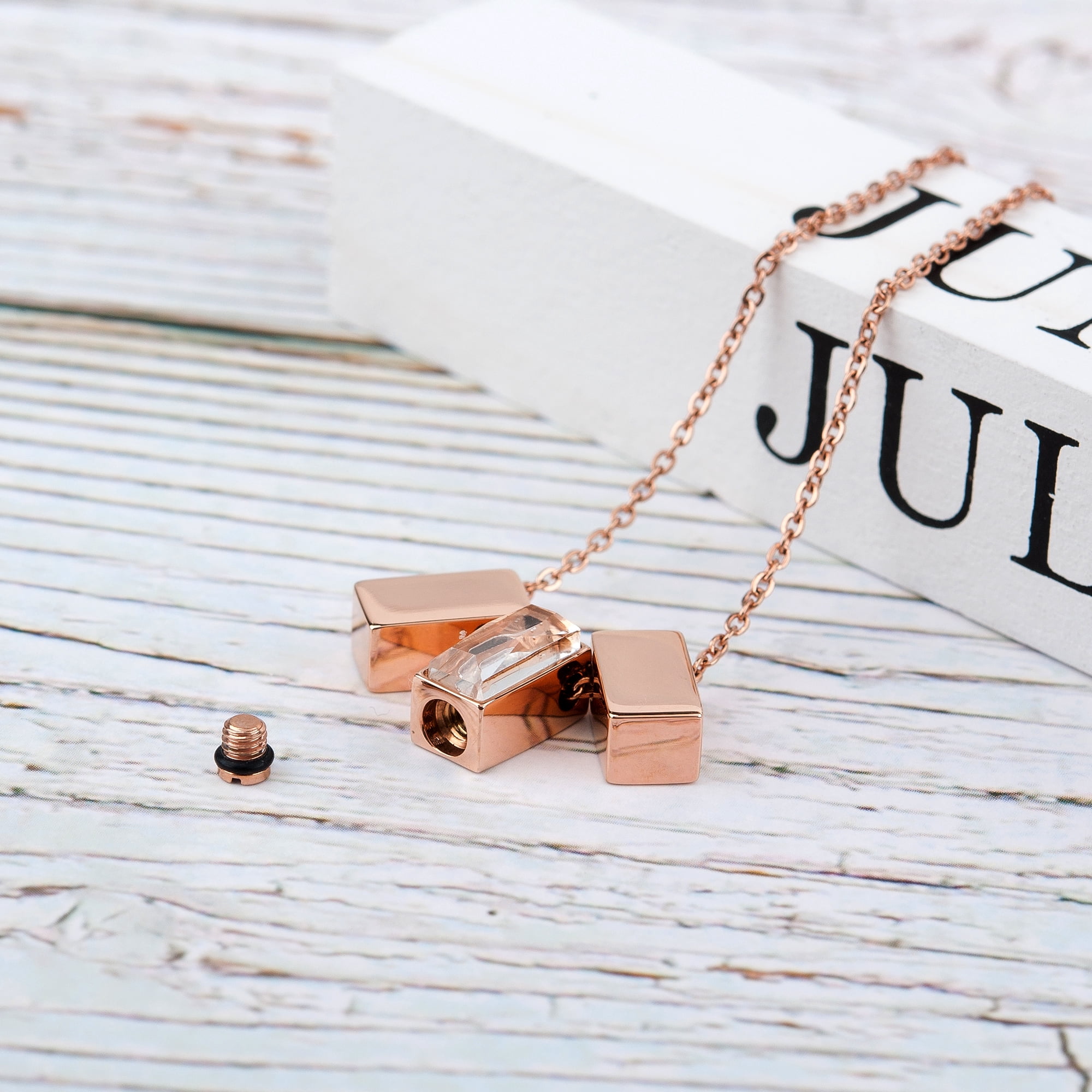 Anavia See You Cremation Necklace for Ashes, Mini See Through Urn Necklace, Mini Cube Cremation Pendant, Cremation Jewelry, Memorial Jewelry, Mini Urn w/ Multicolor Cubes-[Rose Gold]