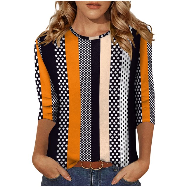 T-shirts pour Femmes Tendance Manches 3/4 Tee-Shirts Col Rond Blouses Décontractées Imprimé Floral Chandail Tops