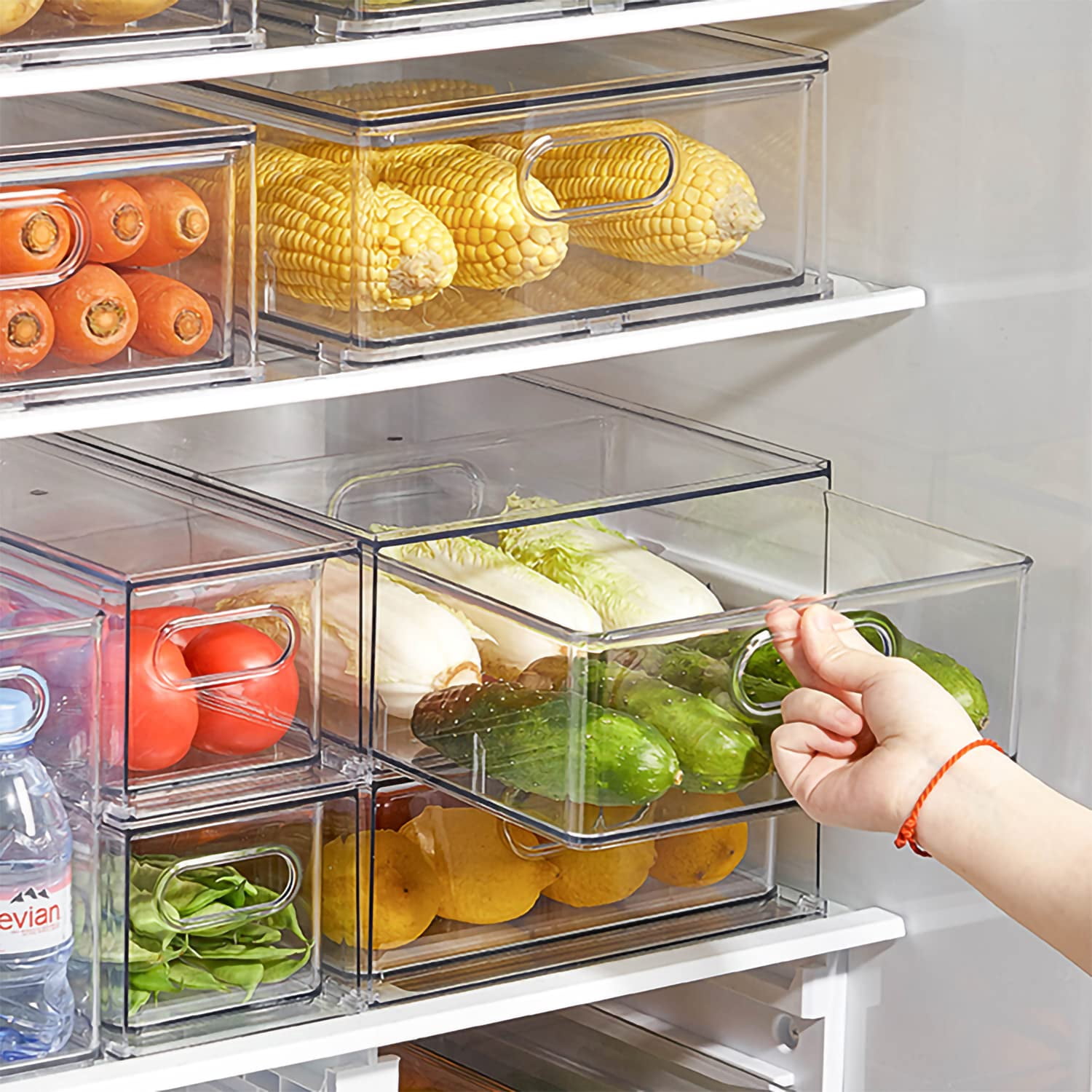 Set Of 3 Stackable Refrigerator Organizer Bins Pull-out Drawers For Fruit And Veggies Divided Storage Fridge Clear Drawer Containers With Handle Produce Saver  Eggs Snack