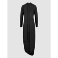 thumbnail image 4 of Women’s Black High Neck Long Sleeve Maxi Dress Matte Stretch Woven Dress with Gold Button Row Side Slit Asymmetric Hem and Subtle Train, 4 of 5