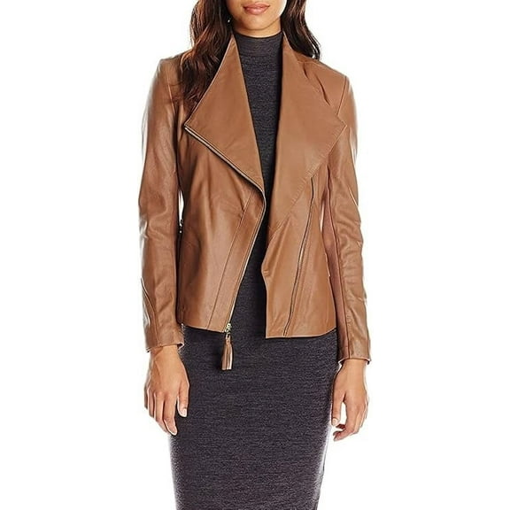 Women's Genuine Tan Lambskin Leather Jacket Motorcycle Slim Fit Biker Jacket W312