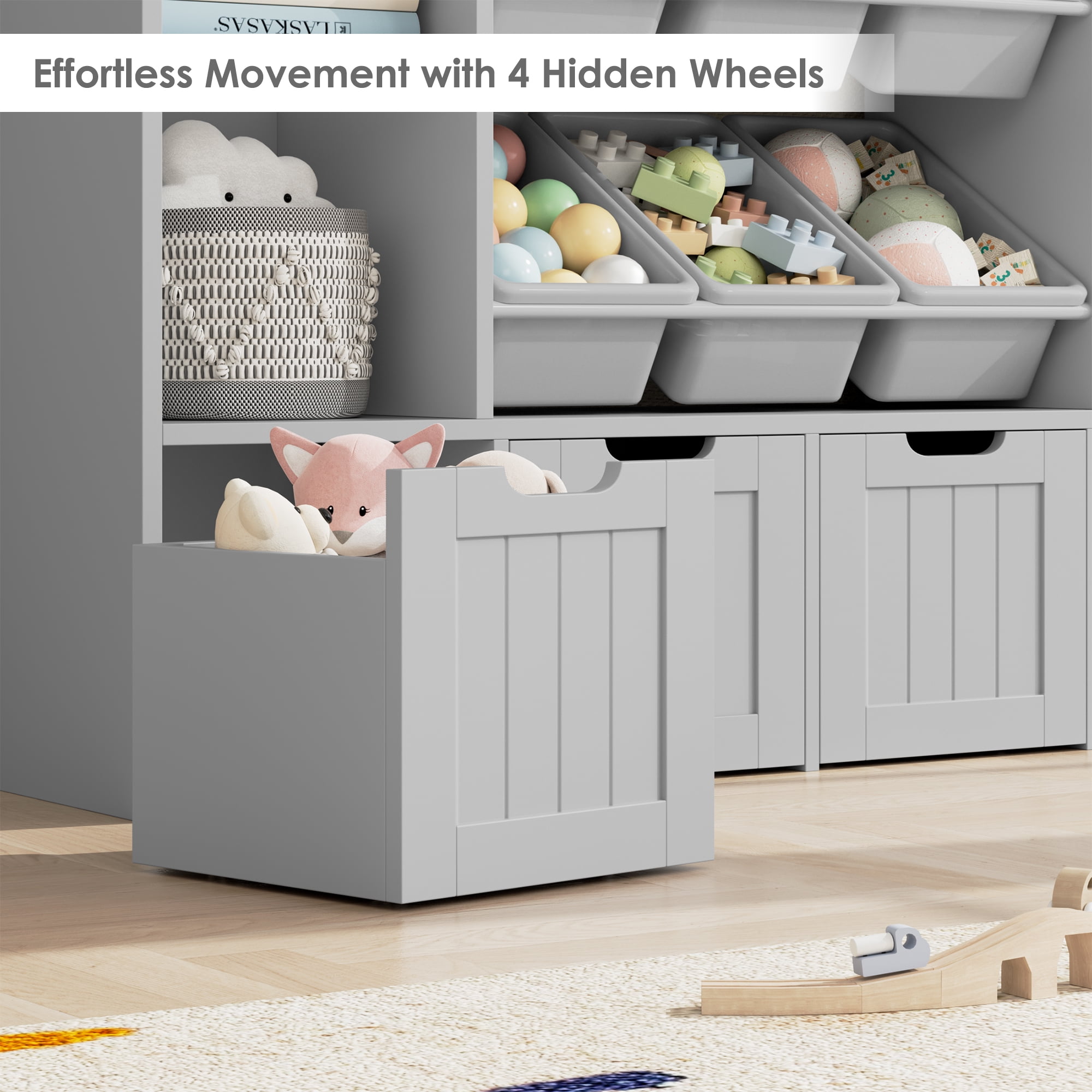 Hiphuta Large 4 Tier Kids Bookcase, Wood Toy Organizer of 6 Boxes & 4 Removable Drawers, Bookshelf for Kids Room Classroom, Grey