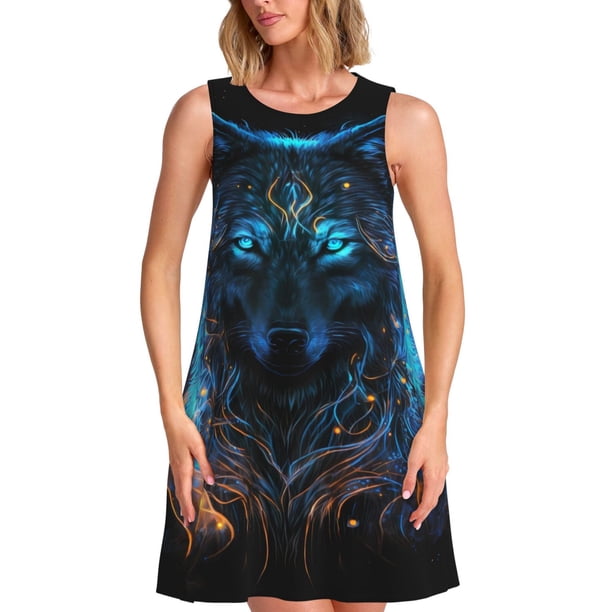 Fotbe Cool Blue Light Wolf Vestido de Verano sin Mangas para Mujer – Vestido Midi Línea A, Estilo Camiseta Floral, Vestido Playero Casual y Fluido