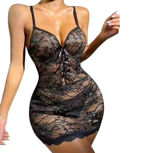 Gibobby Conjunto de lencería Sexy de encaje suave para mujer, ropa interior transparente con aros de encaje floral(Negro, XXG)