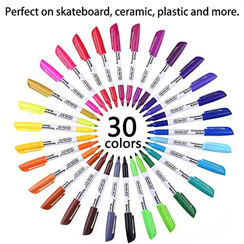 Assorted Colours Colouring 30 Colours Permanent Markers Marking by Shuttle Art Works on Plastic,Wood,Stone,Metal and Glass for Doodling Fine Point
