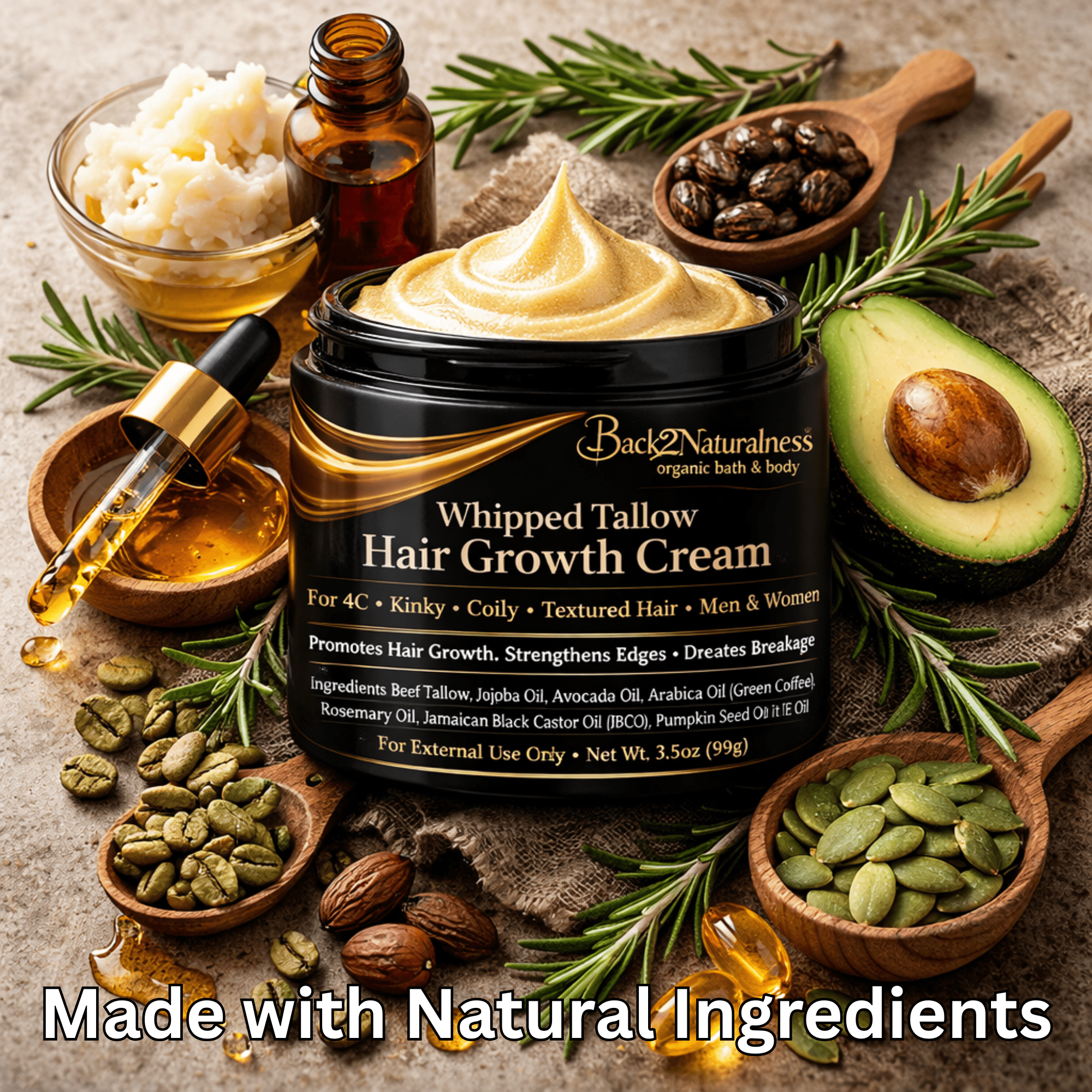Back2Naturalness Tallow Hair Growth Cream Oil for Textured Hai, All Hair Types, Sensitive Skin , 3.5 oz
