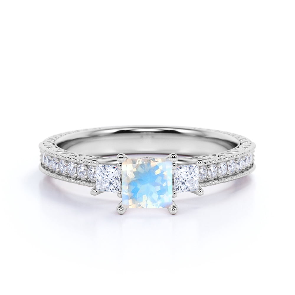 JeenMata Edwardian 1 Carat Princess Cut Moonstone and Moissanite 3 Stone Wedding Ring - 18k White Gold over Silver