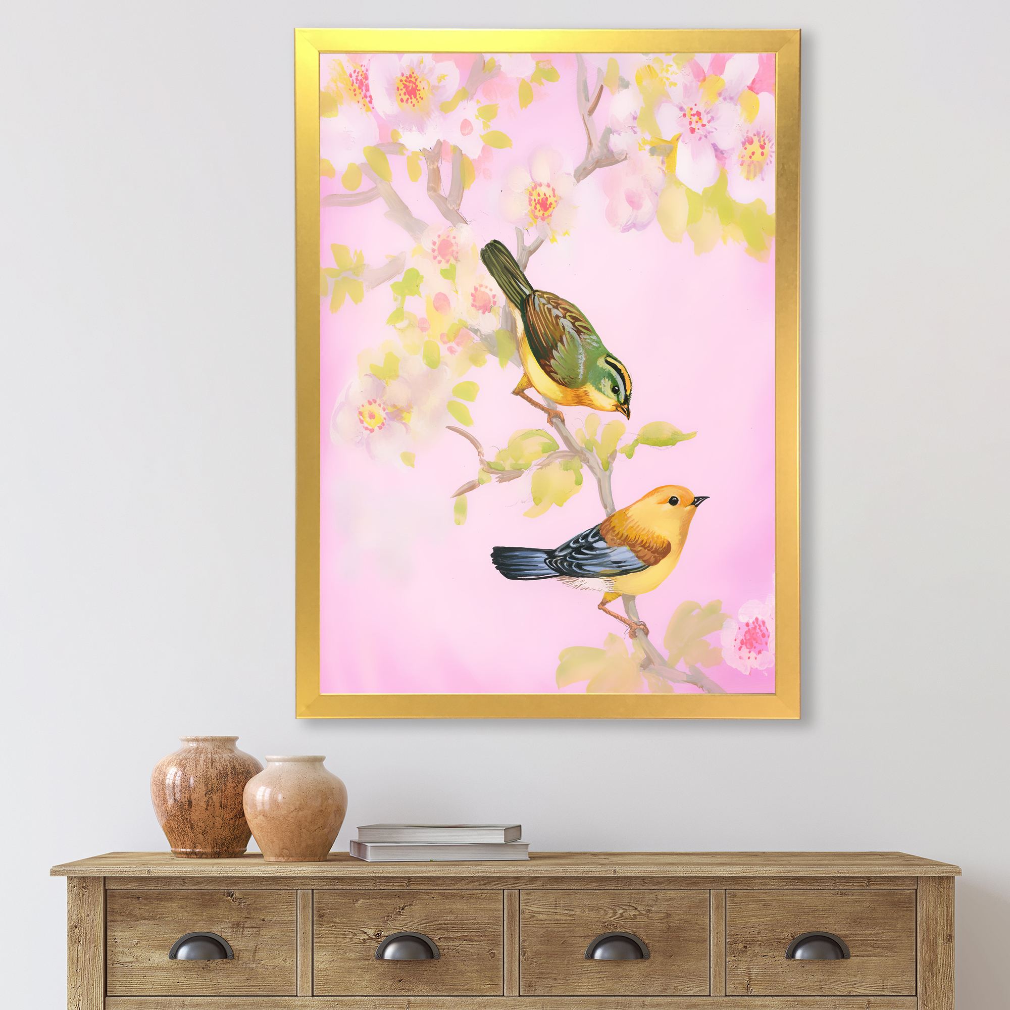 Designart 'Beautiful Bright Birds Sitting On Branch' Traditional Framed Art Print