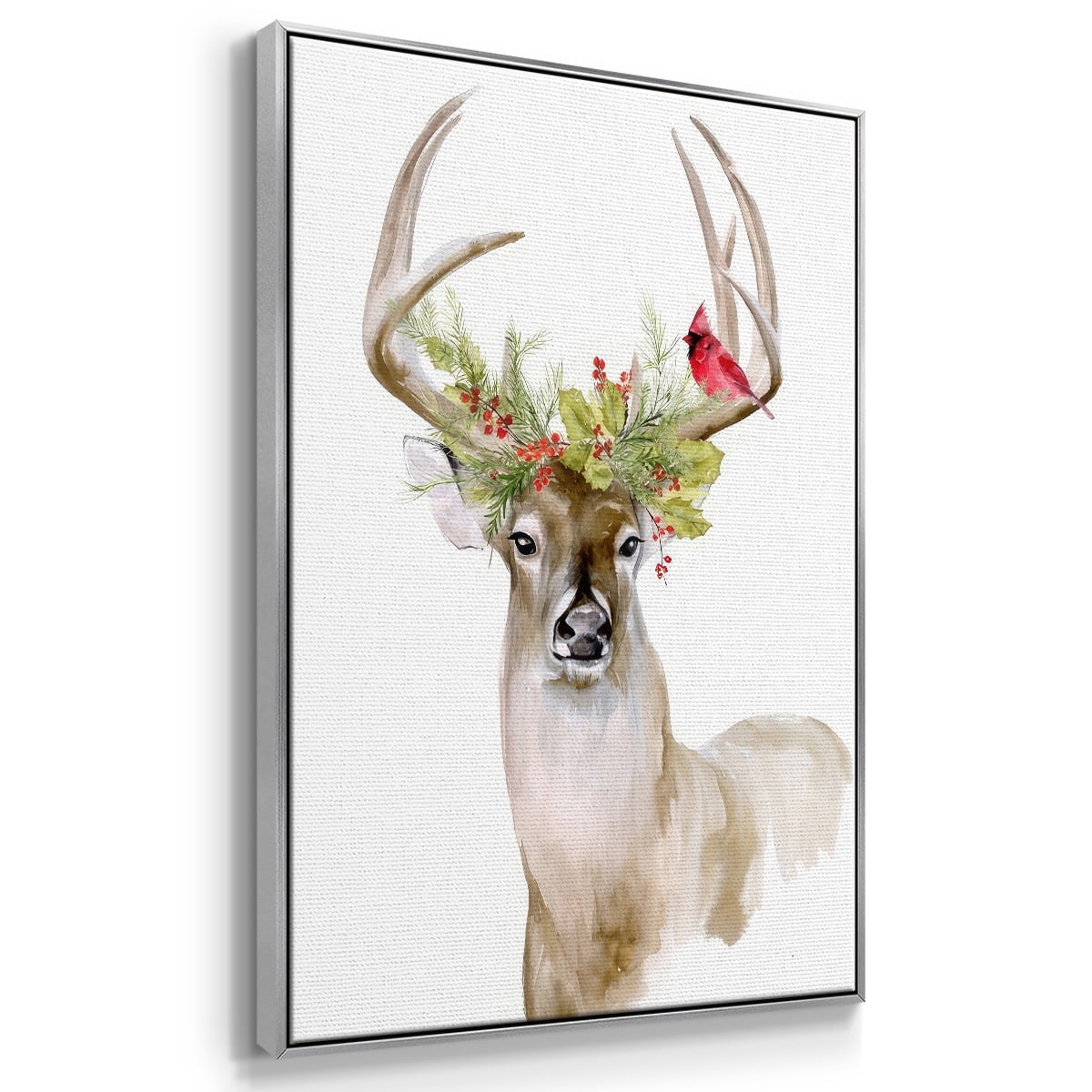 Holiday Deer I - Framed Gallery Wrapped Holiday Canvas - 25 x 37 - Silver Frame