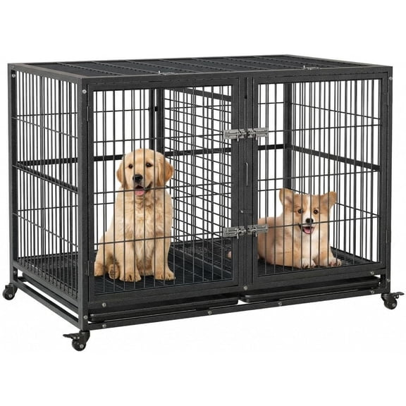 Rugerasy 48 Inch Heavy Duty Dog Crate - Indestructible Escape-Proof Kennel,Indoor Dog Kennel with Divider,Food Bowl,Double Doors,Lockable Wheels & Removable Tray,Black