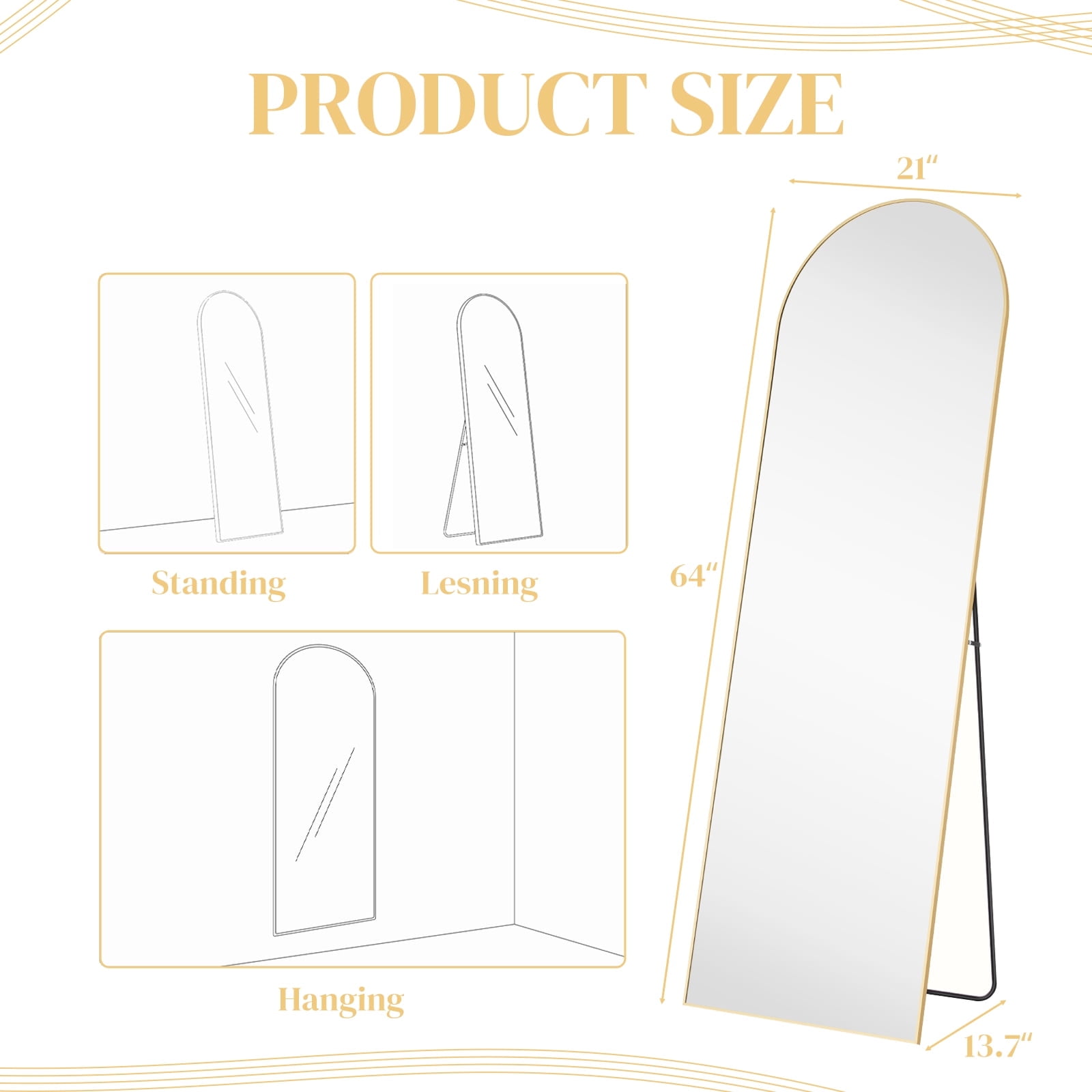 21" x 64" Arched Full Length Mirror Full Body Mirror Floor Mirror Standing Hanging or Leaning Wall,Gold