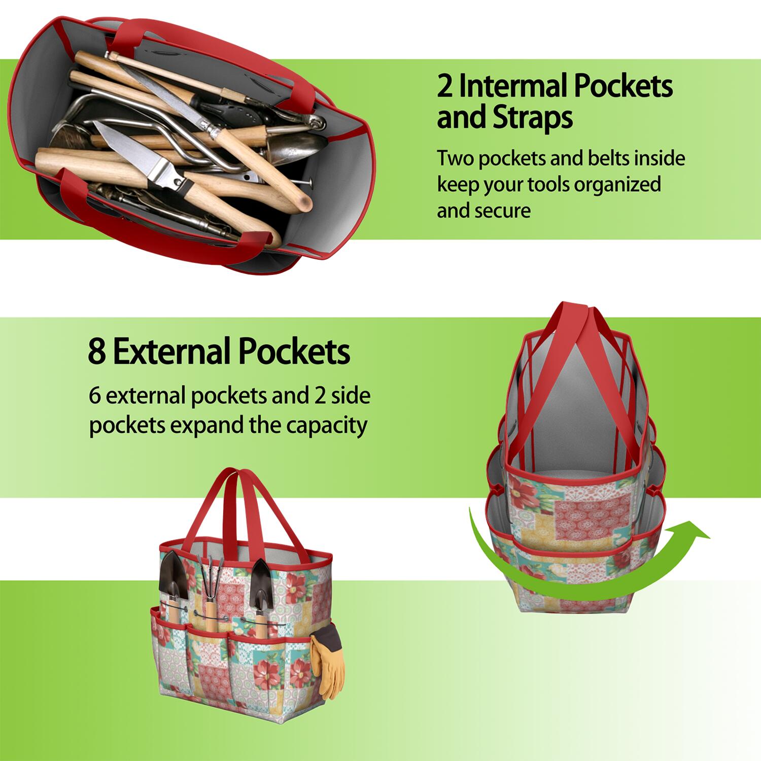 Bright Flowers Garden Tools Bag, Water-proof Oxford Garden Tote Home Organizer Gardening Tool Bag Kit Holder with 8 Pockets for Indoor and Outdoor Gardening(Tools Not Included)
