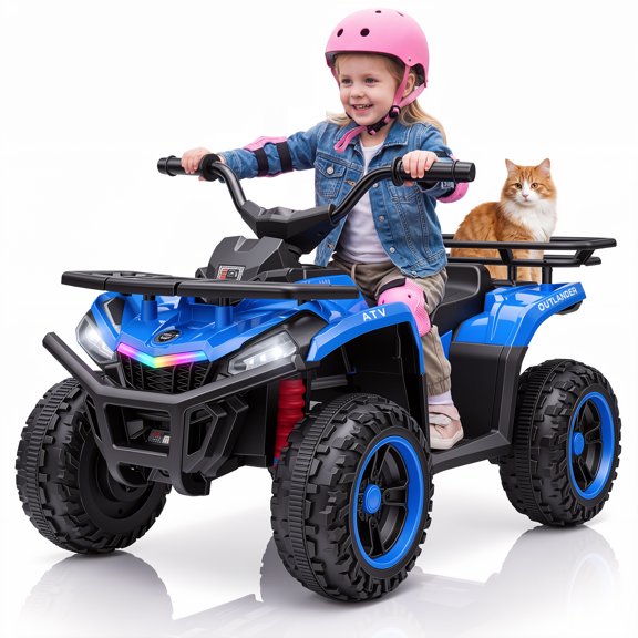 VIBESPARK 24V Ride on ATV for Kids Ages 3-6, 200W Four Wheeler Quad with 3.2 mph Max Speed, Colorful LED Lights, Music, 2 Storage Spaces, Ride On Toys for Boys Girls, Blue