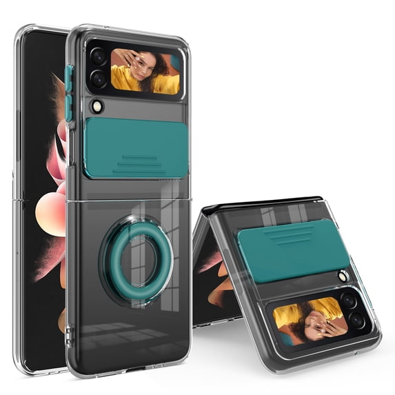 Clear Case for 2021 Samsung Galaxy Z Flip 3 5G (6.7-Inch) Android Cell Phone - Sliding Cover for Camera, with Cell Phone Ring Holder Stand, Durable Silicone Protective Case (Dark Green)