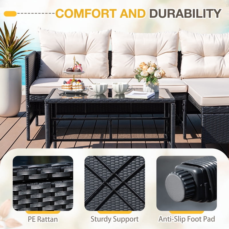 Lacoo 3 Pieces Patio Furniture Conversation Set All-Weather Wicker Rattan Outdoor Furniture Set with Tempered Glass Coffee Table for Backyard