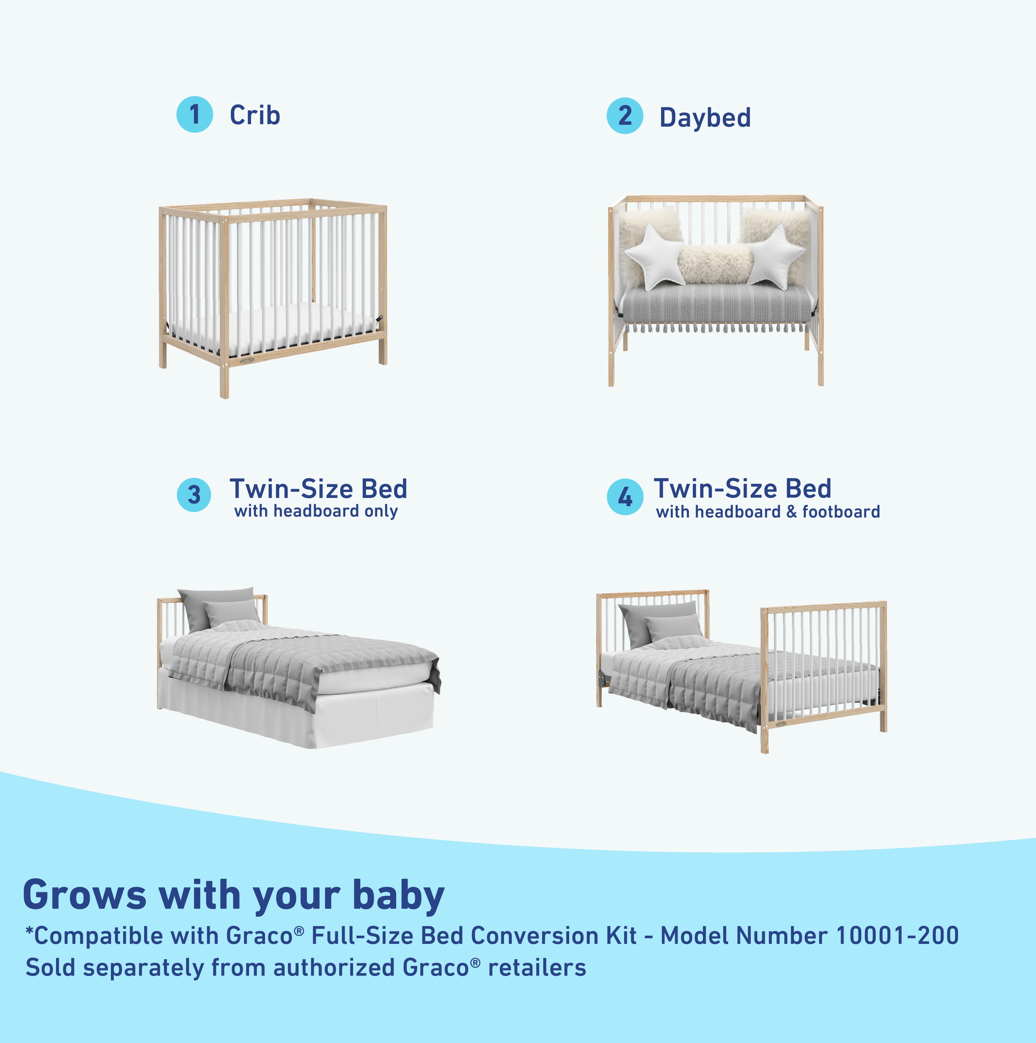Graco Teddi 4-in-1 Convertible Mini Baby Crib with Mattress, Natural with White