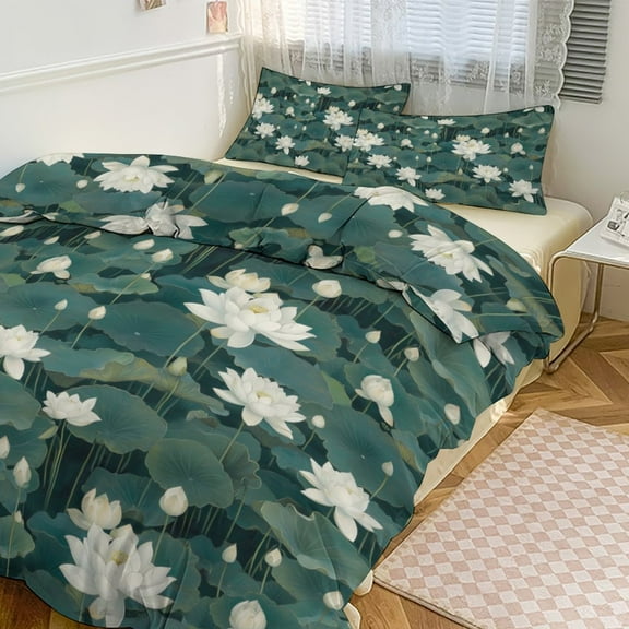 Lotus Flower White Floral Duvet Cover King&Queen Size Soft 3 Pieces Set 1 Duvet Cover and 2 Pillow Shams with Zipper Closure 86"x70"