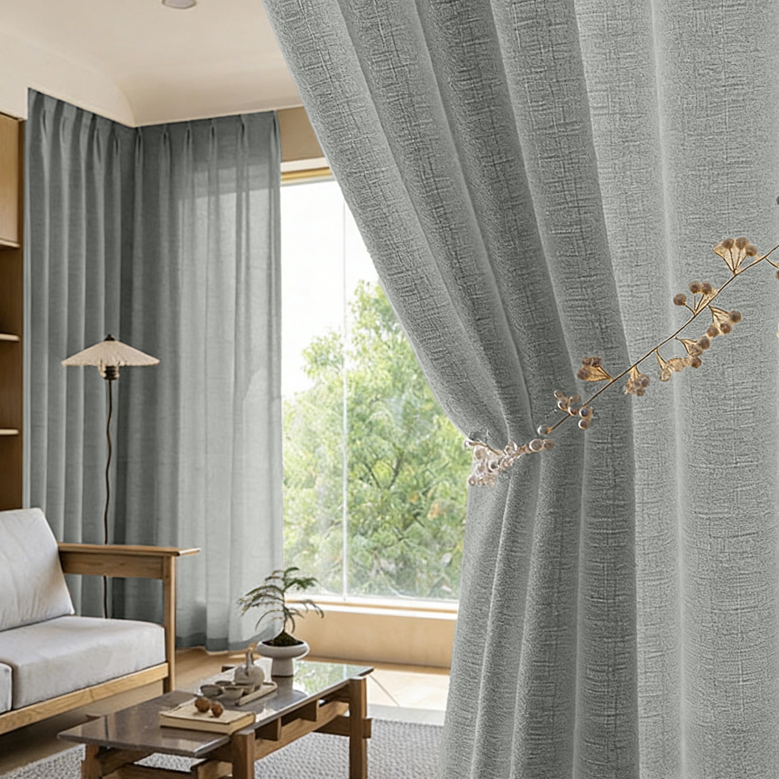Linen Style Window Curtains Set of 2, Gray Flax Fabric Curtains 150x270cm for Living Room and Bedroom