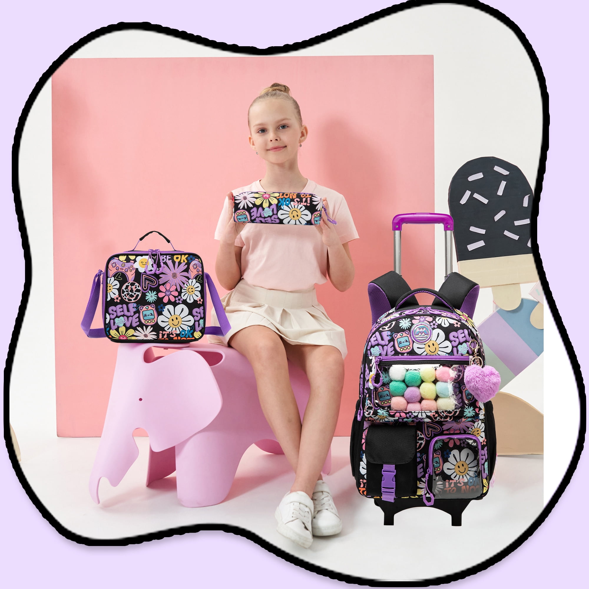 Rolling Backpack for Girls with Wheels School Bookbag with Lunch Box Pencil Case for Elementary Students Carry on Luggage Ages 8-10
