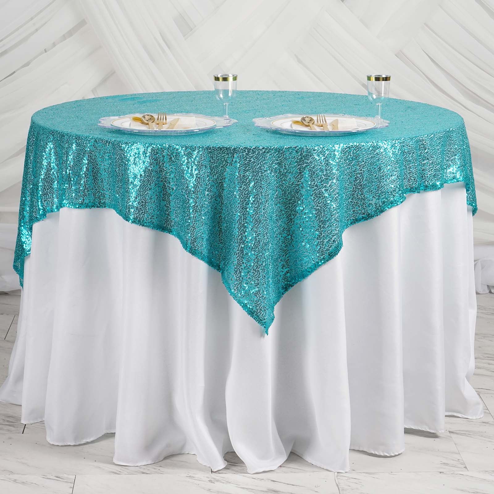 Efavormart LUXURY Turquoise Sequin Square Tablecloth Overlay Square