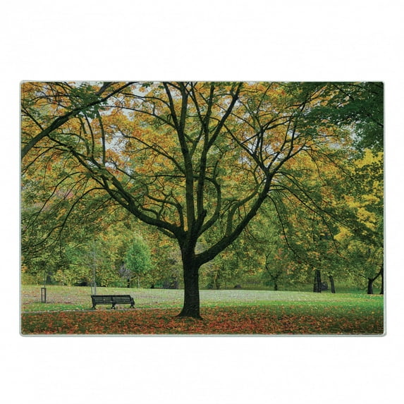Tree Cutting Board, Third Season of the Year in the Park Dead Leaves Autumn to Winter Seasonal Picture, Decorative Tempered Glass Cutting and Serving Board, Small Size, Green Yellow, by Ambesonne