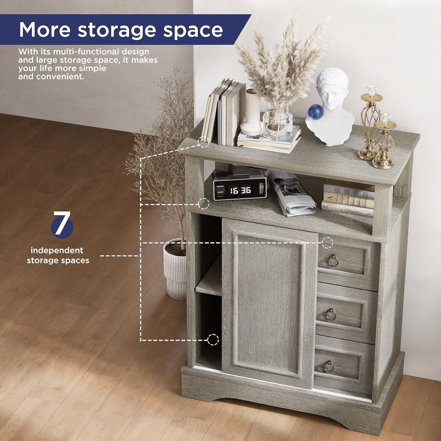 Vabches Kitchen Pantry Storage Cabinet with 3 Drawers, Vintage Floor Cabinet with Adjustable Shelves and Open Shelves for Kitchen,Living Room,Home Office