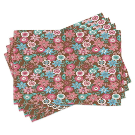 

Floral Placemats Set of 4 Vibrant Bunch of Various Flower Petals Florets Shabby Chic Illustration Washable Fabric Place Mats for Dining Room Kitchen Table Decor Pink Brown and Teal by Ambesonne