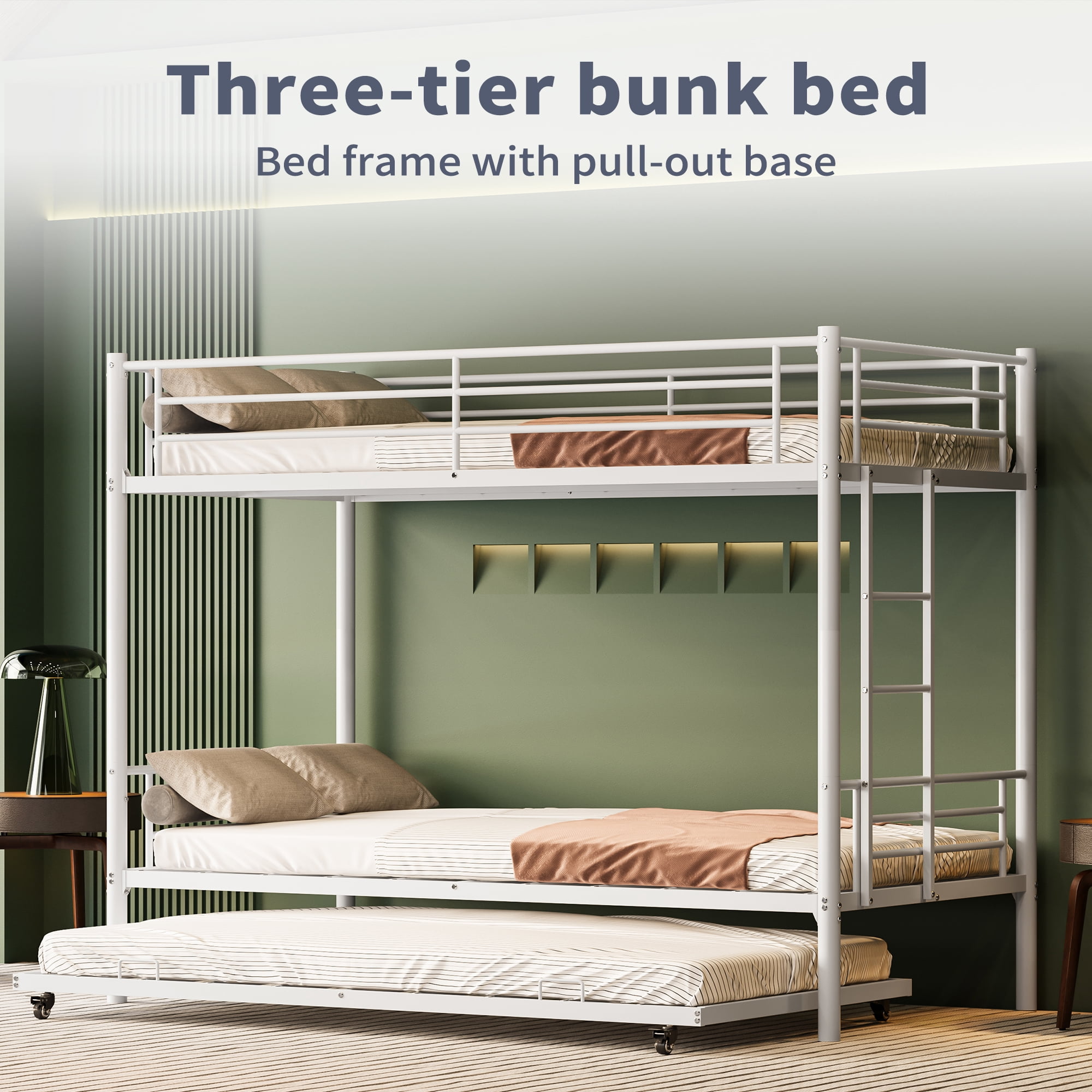 Miniyam Twin Over Twin Metal Bunk Bed with Trundle, Heavy-Duty Steel Frame, Space-Saving Design with Guardrails and Ladder, White