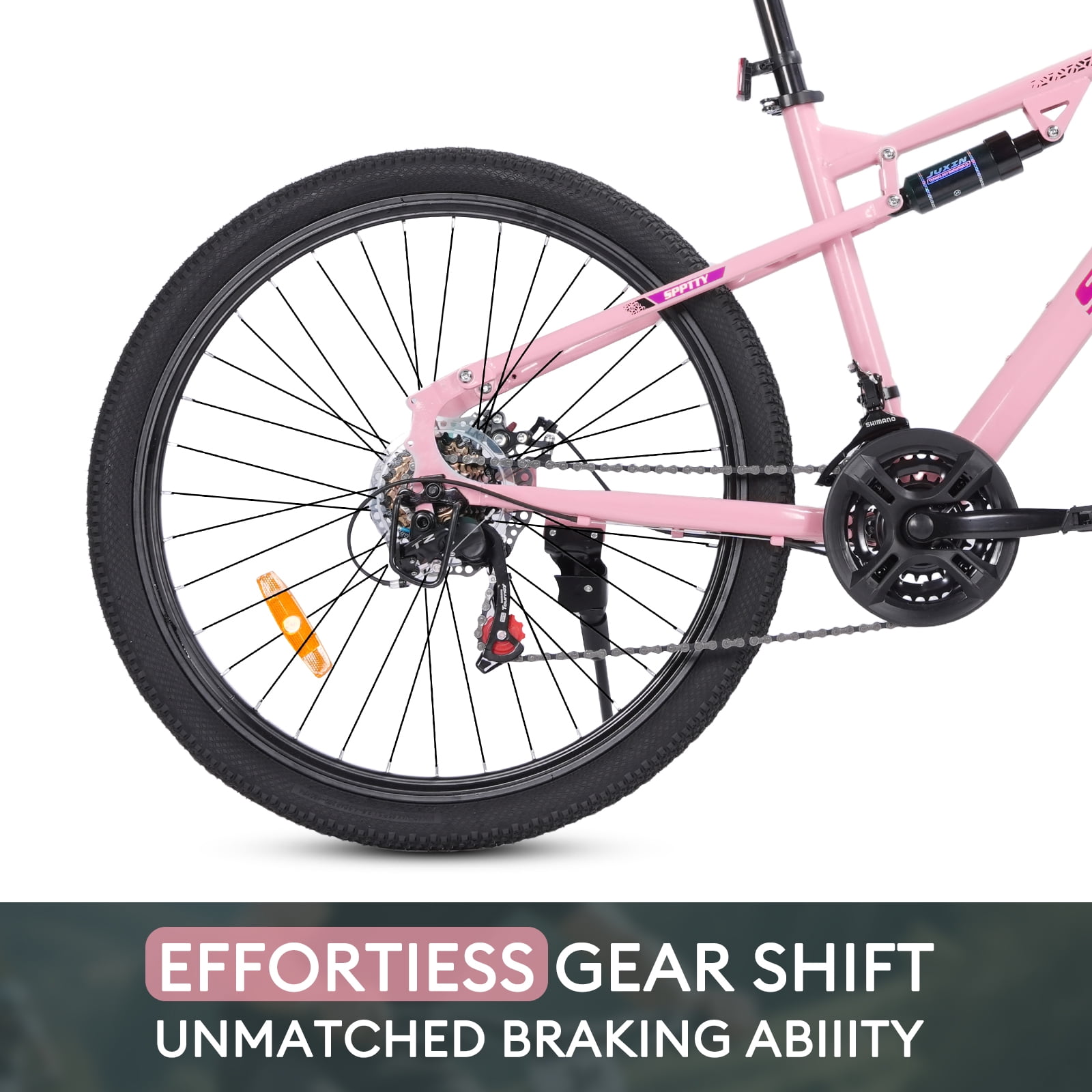 SPPTTY 26" Mountain Bike,Full-Suspension 21 Speed Drivetrain, Disc Brakes,Bicycle for Men Women Rose Gold