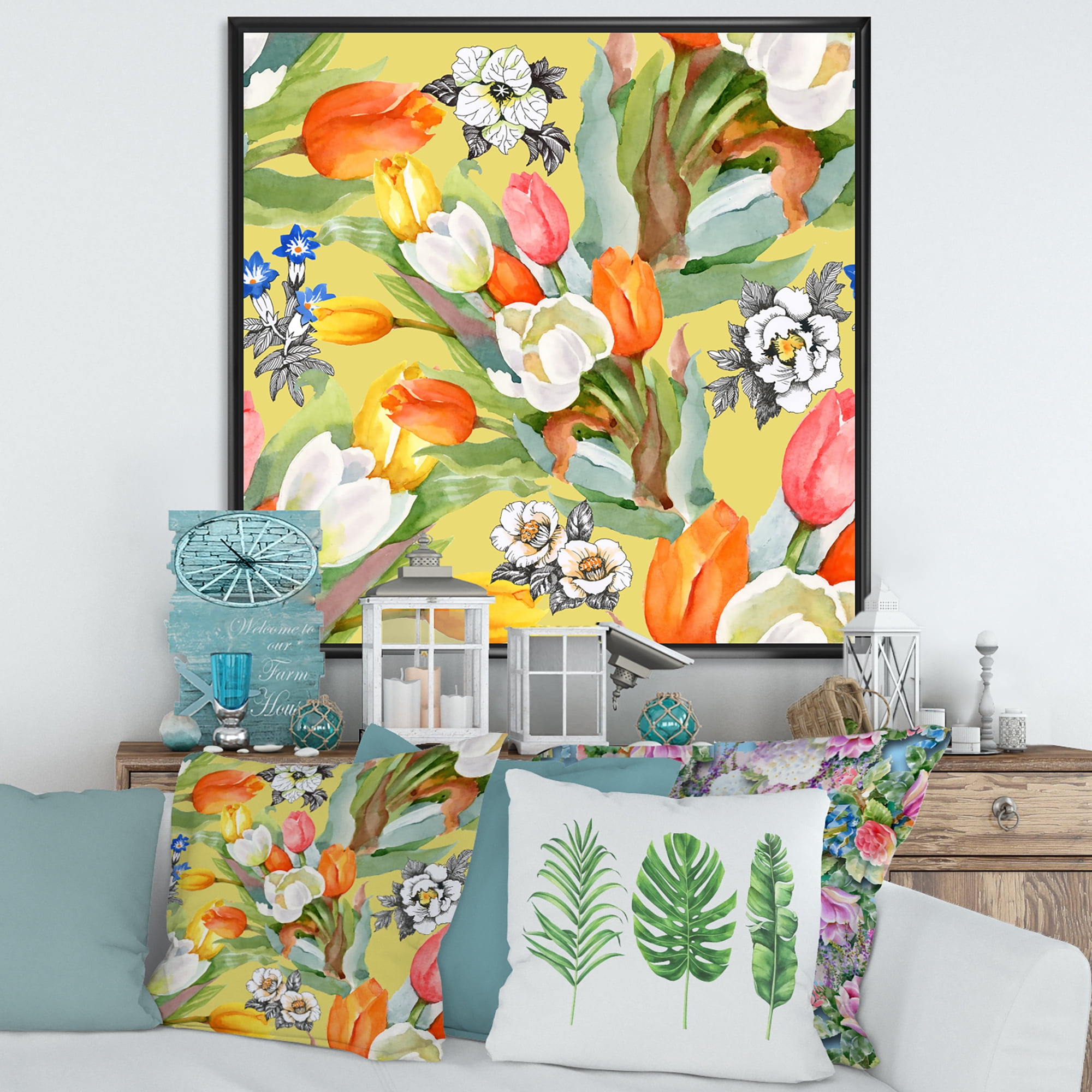Designart 'Blooming Orange and White Tulips IV' Traditional Framed Canvas Wall Art Print