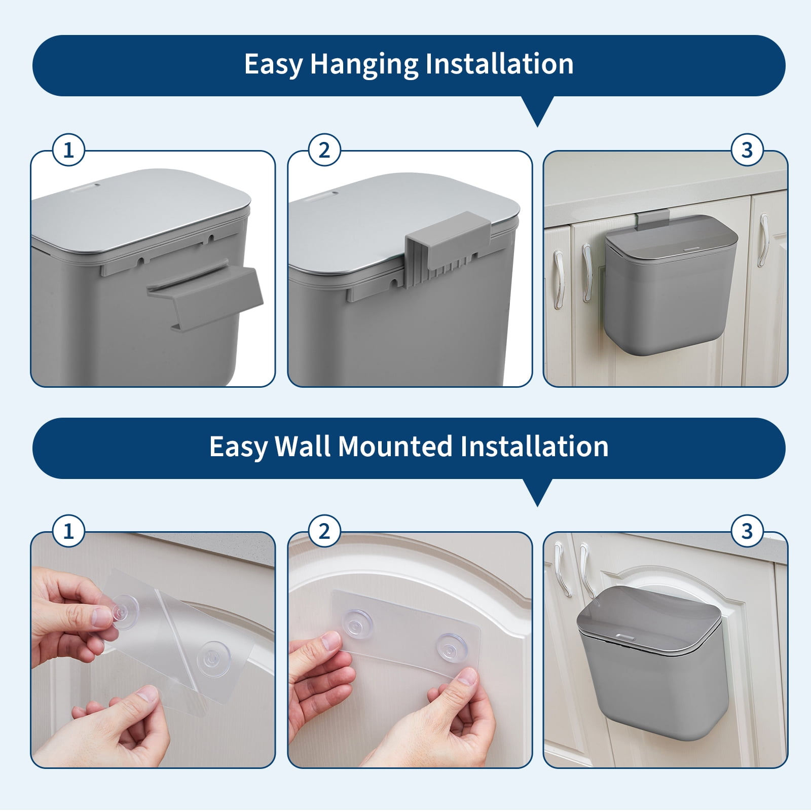 1.8 Gallon Kitchen Hanging Small Trash Can with Stainless Steel Lid, Odor-Free Compost Bin, Space-Saving Garbage Can for Cabinet, Under Sink, RV, Bathroom, Grey
