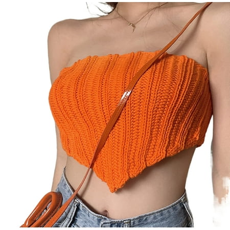 

FOCUSNORM Women Knit Bandana Crop Tops Sleeveless Strapless Off Shoulder Tube Tops Candy Colors Hanky Hem Bra
